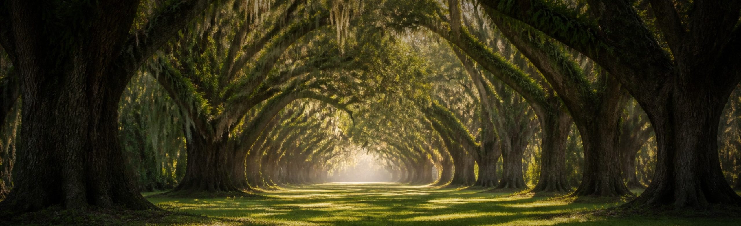 Avenue of live oak trees with Spanish moss and soft light at the far end